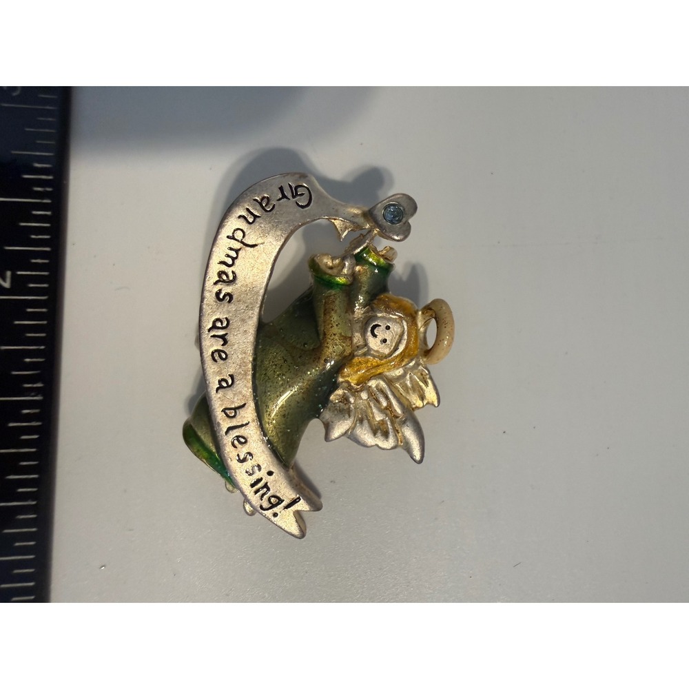 Vintage JMC Enamel Angel Brooch Grandmas Are A Blessing Silver Tone Pin Blue